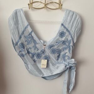 FREE PEOPLE Powder Blue Embroidered Wrap Crop Top NWT!